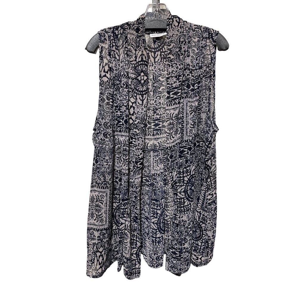 Susan Graver Navy Blue White Tile Print Open Front Chiffon Vest Large